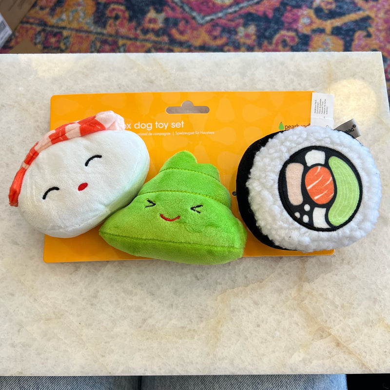 Sushi bento box dog toy set