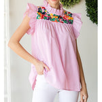 Striped top with a frill mock neckline (Pink)