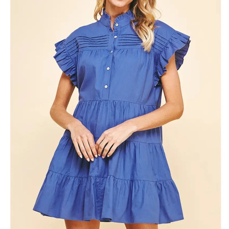 Pintuck Tiered Mini Dress - Deep Blue – Lauren Ferrell Designs