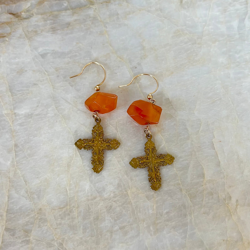 Carnelian Brass Cross Earrings